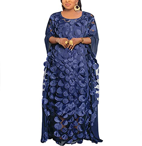 HD Afircan Robe Caftan en Mousseline de Soie pour Femme avec Appliques à Fleurs Taille Unique, Bleu Marine, Taille Unique
