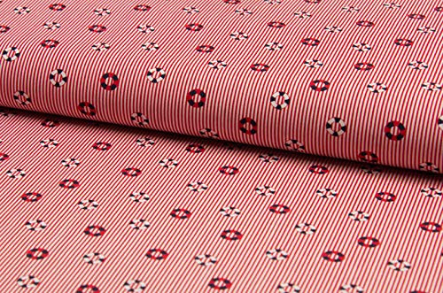 Baumwollstoff, maritimes Muster auf rot weiße Streifen als Meterware, 50 cm