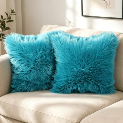 OYIMUA 2 Pcs Weicher Zierkissenbezüge Deko Kissen Schaffell Lammfell Kunstfell Langhaar Zierkissen Kissenbezug Fellimitat Sofakissen Cuddly Kissen (Petrol, 40 x 40 cm)
