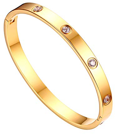 JewelryWe Schmuck Damen Armreif Edelstahl Zirkonia einfache Stil Liebe Armband 6mm breit mit Schließe größere Armspange Gravur Gold