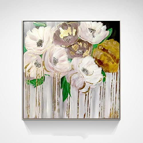 Handgemalte Acrylbilder,Moderne Abstrakte Weiße Blühende Pfingstrose Blume Blätter Goldfolie Kunstwerk Rahmenlose Original Handgemalte Ölgemälde Auf Leinwand Wandkunst Für Wohnzimmer Schlafzim