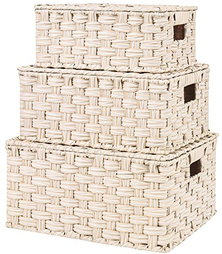 GRANNY SAYS Förvaringskorgar Med Lock - Set Med 3 Stora Korgar Med Handtag, Dekorativa För Badrum, Förvaring, Flätad, Rektangulära För Hyllor, Vita
