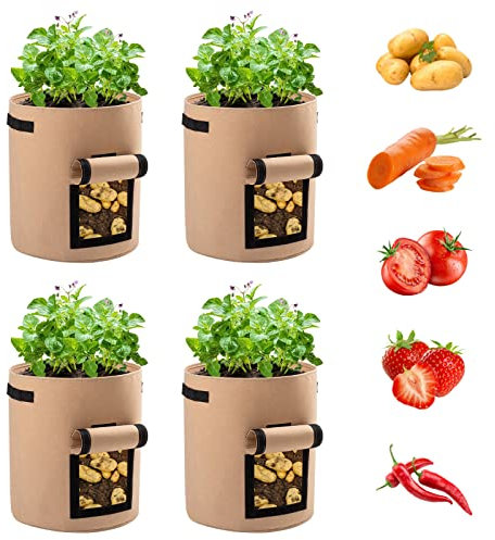 Ohiyoo Potato Grow Bags 4 Pack 10 Gallon Potato Growing Bags, Nonwoven Fabric Pots with Handles and Window Flap, Vegetable Growing Containers Planter for Potato Tomato Carrot Onion (Brown)
