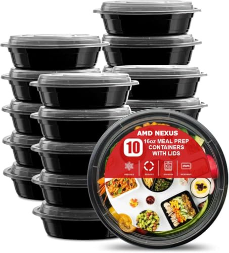 AMD Nexus Lot de 10 boîtes rondes en plastique réutilisables sans BPA, 473,6 g, passent au micro-ondes, congélateur et lave-vaisselle avec couvercles hermétiques