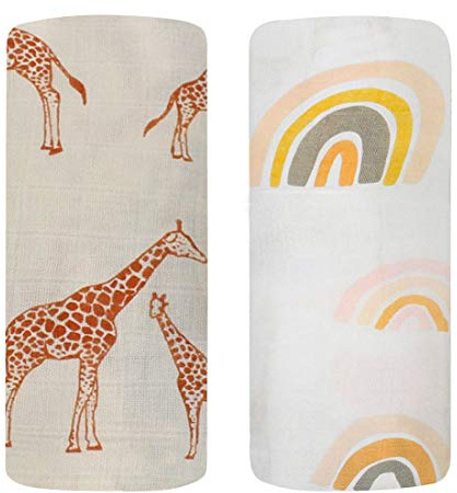 DHAEY 2 Pack Baby Pucktücher Musselin Swaddle Decke Tücher Baby Bambus Baumwolle Swaddle Wrap, Aufstoßen Tuch Deck Kinderwagen für Junge und Mädchen, Giraffe/Regenbogen