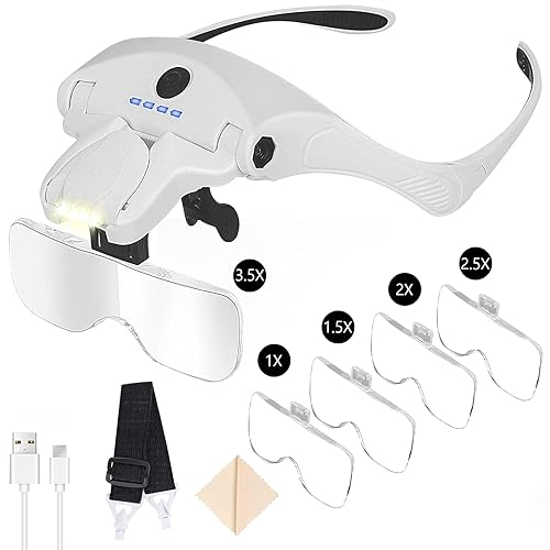 MeYuxg Lupe mit Licht, Leselupe Diamond Painting Zubehör, Kopfbefestigung Lupenbrille USB Wiederaufladbar mit 4 LED Licht zum Basteln, zur Schmuckbeurteilung und zum Lesen