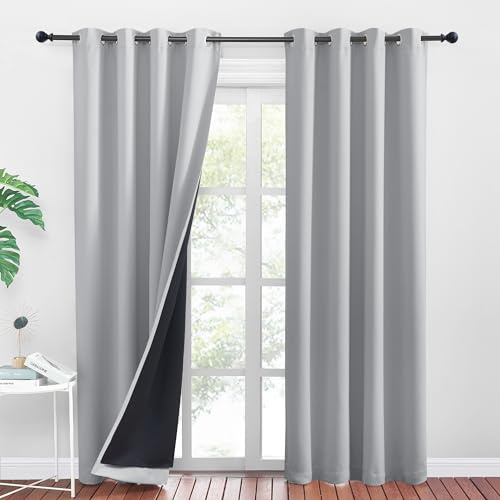 Pony Dance Termiska gardiner isolerande kyla och värme dubbla lager 100 % mörkläggningsgardiner gardiner set 2 stycken H 240 x B 140 cm silvergrå, gardin öljettgardin ogenomskinlig för sovrum