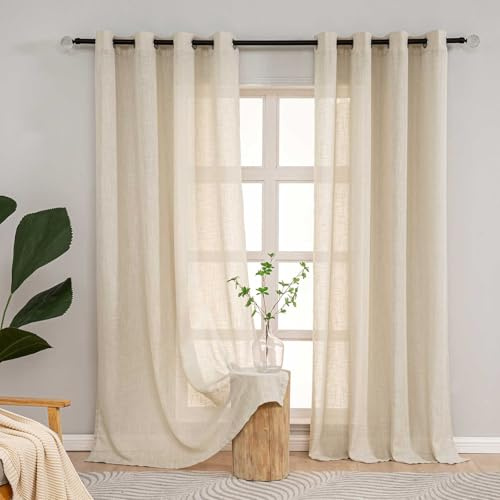L.Z.E Beige Vorhänge Wohnzimmer, Gardinen Beige mit Ösen in Leinenoptik für Schlafzimmer, 2er Set Leinen Dekoschal für Esszimmer Balkontür, Halbtransparent Modern Landhaus 245 cm Lang, 190g/㎡
