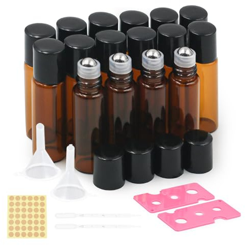 Reyshin 5ml Roll On Aceites Esenciales，16 pcs Marrón Botellas Rollon Cristal Rellenable Perfume Roll on con Roll-on Bola de Acero Inoxidable para Masajes,Botella de Laboratorio (5ml,black)