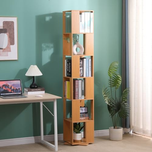 Pantanal 6 Tier Tall Rotating Bookcase, Living Room Wood Bookshelf Display Shelf Floor Freestanding for Corner Home Office Decor (Walnut)