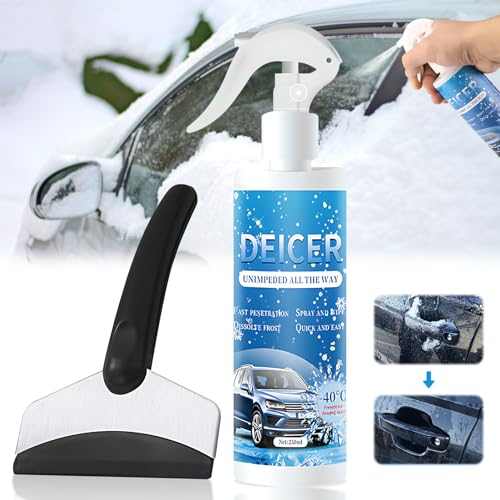 Miioto Spray Antigelo Auto, Spray Sciogli Ghiaccio Auto, Deghiacciante Vetri Auto, Dotato di Speciale Raschiatore, Rimuove Rapidamente Ghiaccio e Neve dai Finestrini e dal Parabrezza Dell'auto -250ml