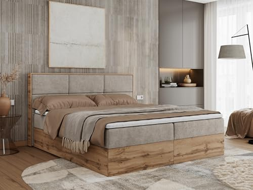 MKS MEBLE Boxspringbett, Bett mit Zwei Bettkästen und Multipocket - Matratze. Deco Bett für Moderne Schlafzimmer - Albero-2-180x200 - Beige Struktur - H3