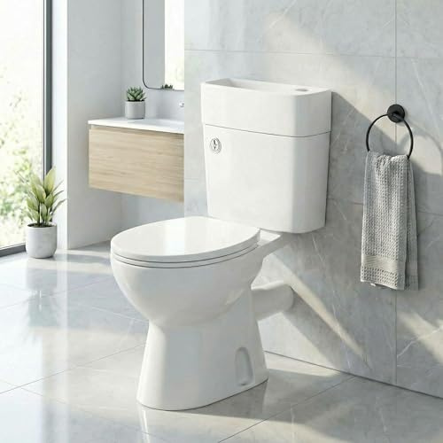 Baystone® Toilet with Basin on Top, 2-in-1 Close Coupled WC & Wash Basin, Dual Flush Cistern, Soft Close Seat, Space-Saving Cloakroom Bathroom, White Gloss