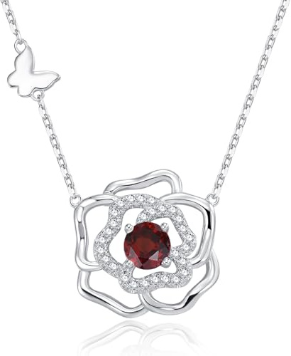 Leva Jewkis Sterling Silber Januar Geburtsstein Halskette Erstellt Granat Halskette Camellia Schmuck Rose Schmuck Geschenke für Ihre Frauen Mädchen, 18+2 Zoll
