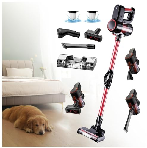 Aspiradora Fregona Sin Cable 5 in 1 Menor Ruido,Luces LED,Depósito 200 Ml, Aspirador Sin Cable Aspirador Sin Cable para Alfombra Pelo Mascota Suelo Sofá Cama de Colchón