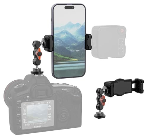 SOH Hot Shoe Phone Mount, Multi Function Double Ball-Head Adapter with 1/4’’ Screw and Cold Shoe Phone Clip Mount for DSLR Camera LCD Camera Cage Flash LED Light Microphone and Most Smartphones