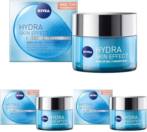 NIVEA Hydra Skin Effect Wake-up Gel (50 ml), Tagespflege für aufgepolsterte & glatte Haut, erfrischende Tagescreme mit purem Hyaluron [HA] für 72h Feuchtigkeit (Packung mit 3)