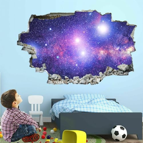 3D Wandtattoo Durchbruch Wanddeko Galaxie Lila Wanddurchbruch sticker selbstklebend Wandbild Wandsticker Stern Wohnzimmer Wanddeko Wandaufkleber für Teenager Zimmer 90x60cm