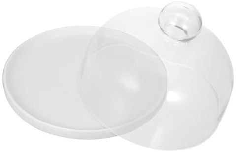 CIYODO Ceramic Dessert Plate with Glass Dome Cloche 7 Inch Cake Stand with Handle Fruit Platter for Parties and Family Gatherings Tabletop Centrepiece for Burgers Cheese Pastries