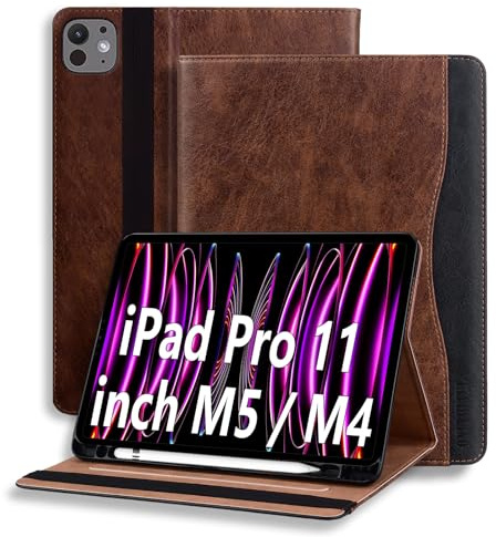 Coque pour iPad Pro 11 Pouces M4 (2024) Tablette Housse de Protection Étui Pencil Holder Support Multi Angles avec Auto Schlaf/Aufwach en Cuir PU Marron