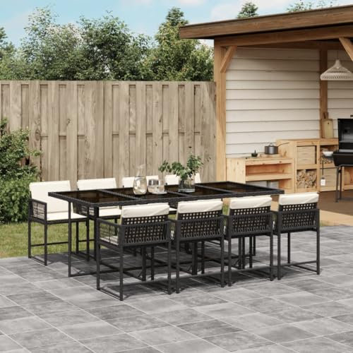 Faroom Polyrattan Sitzgruppe for 8 Personen - Gartenmöbel Set 8 Stühle mit Tisch mit Glasplatte & Kissen - Garten Sitzgruppe - Polyrattan Gartenmöbel Set für Garten & Terrasse Schwarz und Creme AS 5