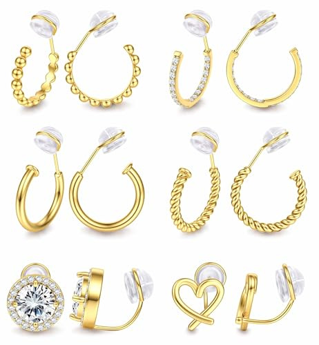 MILACOLATO 6 Paires de Boucles d'Oreilles à Clip Plaqué Or 14 Carats pour Femmes - Fausses Boucles Coeur CZ Twist pour Oreilles Non Percées