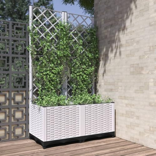 Homgoday Jardinière avec Treillis Blanc 80x40x136 cm PP, Lit Surélevé de Jardin pour Cultiver Fleurs Plantes, Bac de Plantation pour Terrasse Balcon Extérieur