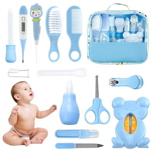 Babypflege Set, HyAdierTech Baby Erstausstattung Pflegeset, 12Pcs Baby Healthcare Kit, Babypflegeset, Badethermometer Nasensauger Kamm Nagelschere Baby Erstausstattung Pflegeset (blue)
