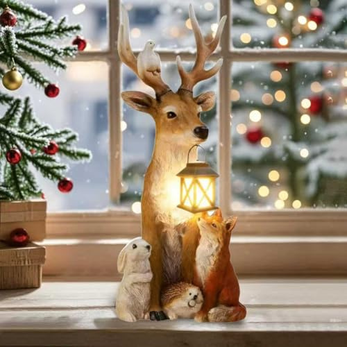 Sunshine smile Weihnachtsdeko Hirsch Mit LED Laterne,Gartenfigur,Gartendeko Figuren Elch,Gartenfiguren aus Kunstharz,Weihnachtsdeko Aussen,Gartenfiguren für Außen,Gartendeko für Draußen Wetterfest