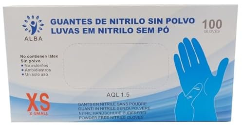 Guantes de Nitrilo Sin Polvo - Talla XS - AQL 1.5 Guantes Desechables Ambidiestros Reciclables. Ideales para uso de alimentos, limpieza, bricolaje, belleza, industrial y sanitario. Color Azul