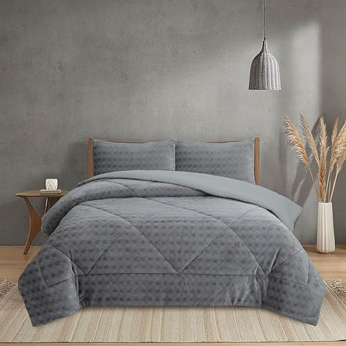 NH NOVOTEXTIL HOGAR Edredón Invierno Sherpa Cama 150 (250x260) Extra Grueso 560gr/m2 Efecto Borreguito - Edredón Suave, Cálido y Transpirable con 2 Fundas Almohada (50x70) (Cracovia Gris)