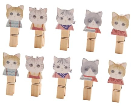 HAWILLOSCH Clip Foto in Legno Naturale Piccole Decorate con Gatto Cartone Animato, Fermagli Multifunzione per Decorazioni Parete Casa e Camera, Set da 10 Pezzi con Corda da 1,2 m