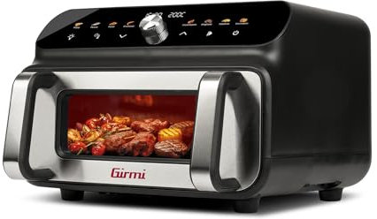 Girmi FG77 Friggitrice e Griglia ad aria Ecofrit Grill, 10 Litri, 2000 W, 50-230°C, Display digitale, Funzione Barbecue Smokeless, Accessori antiaderenti, Doppia resistenza, Nero/Acciaio