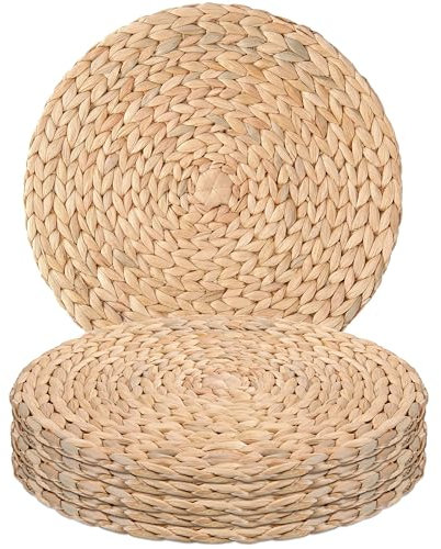 13.5 Water Hyacinth Woven Round Placemats Set of 6 - Wicker Boho Farmhouse Placemats - Rattan Table Mats for Dining Table, Wedding, Home
