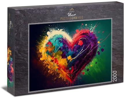 Ulmer Puzzleschmiede - Herzpuzzle Colors of Love - Farbenreiche Herz-Illustration als 2000 Teile Puzzle - Knalliges Puzzlemotiv aus der Kollektion Farben & Fantasy