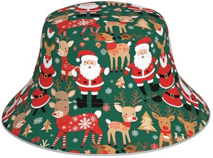 YYHWHJDE Weihnachtsmann und Weihnachten Hirsch Muster Reflektierender Fischerhut für Unisex Herren Damen Faltbar Wendbar Sonnenschutz Kopfbedeckung Schwarz Schwarz Einheitsgröße