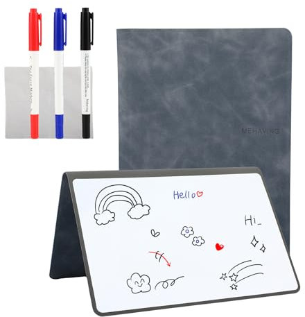 Mini Whiteboard A5,Lavagna cancellabile A5,Wipe Clean Memo Board, Portable Whiteboards with 3 Colour Pencils,Ideale per appunti di riunioni,Con copertura in PU e panno,Grigio