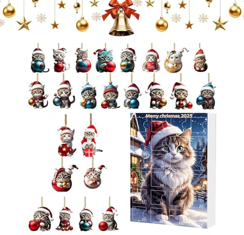 Calendrier De L Avent Pour Noel 2025 | Calendrier de l'Avent 2D Figurine Chat Miniature Acrylique pour Enfant - Pendentif de Noël Mignon pour Femme Sœur Amie Enfant Fille