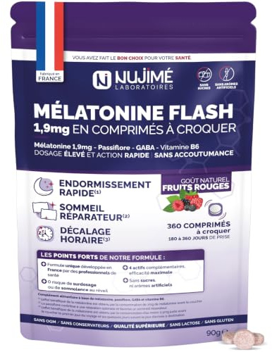 Melatonina Flash 1,9 mg | Azione rapida, senza assuefazione | Addormentamento rapido, Sonno, Jet lag | Con Passiflora, GABA, Vitamina B6 | 360 compresse masticabili, gusto frutti rossi