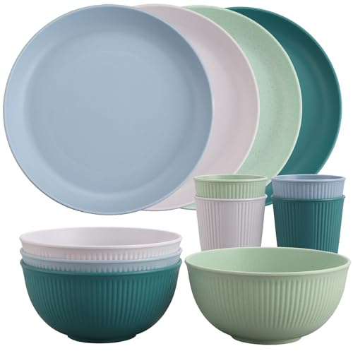 Tanice 12PCS Plastic Camping Plates Bowls Set Stackable Picnic Dishes for 4 | Includes Cups, BPA-free Plastic, Dishwasher Safe, 4 Colors White+Green+Blue+Dark Green, for Backyard Kitchen Travel