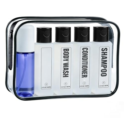 GearTrust 100ml Travel Bottles for Toiletries, Clear Cabin Bag 5-Pack | Clear 100ml travel bottles for cabin bag. Leakproof empty squeeze & spray containers for airport security toiletries.