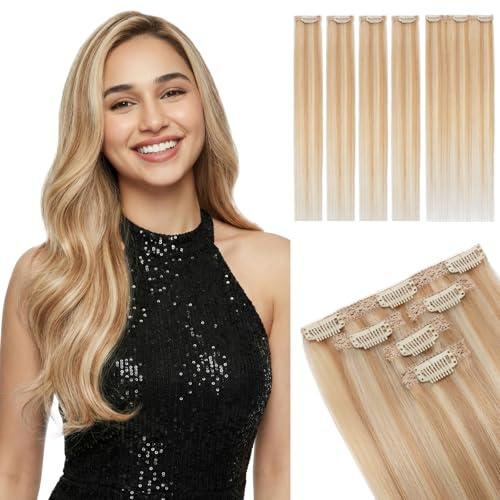 SEGOHAIR Clip in Extensions Echthaar, Glatt Clip Hair Highlights Haarverlängerung Natürlich für Frauen Damen 5-teiliges Set (1 großes Teil + 4 einzelne Clips)#18/P613 Ascheblond/blond 25cm 36g