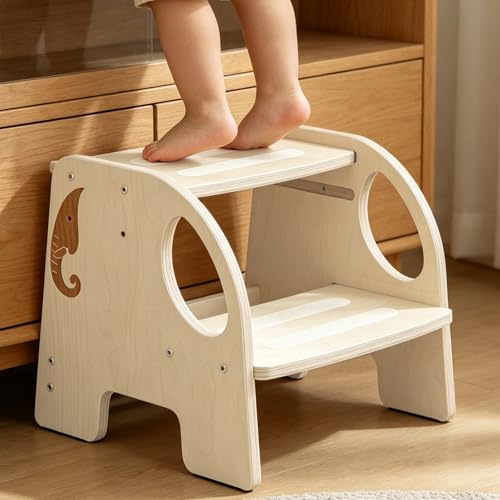 Marchepied en bois massif à 2 niveaux pour enfants et adultes - Réglable en hauteur - Antidérapant avec poignée - Charge jusqu'à 100 kg - Repose-pieds en bois pour salle de bain, cuisine, chambre