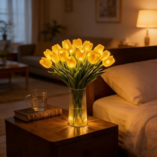 Twinkling Tree Tulips Night Light, 15PCS Tulip Lamp Artificial Flowers, Warm LED Plant Light up Flowers for Bedroom Decor, Radiant Romantic Gifts for Women, Mothers Day Gift (yellow-10pcs)