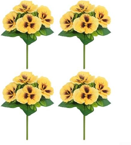 Mixabloem 4 Pack Artificial Pansy Flowers, Realistic Silk Fabric Fake Blooms with Vibrant Colors, Lifelike Floral Decor for Home Office Wedding Party Centerpieces and Vase(yellow)