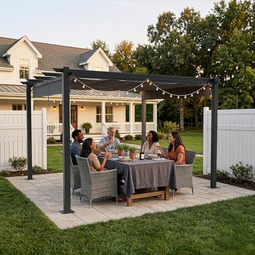 LEADZM Pergola 3x4m Stabil, Freistehende Pavillon,Rostbeständigem Metallrahmen,verstellbarem Schiebedach, Wasserdicht & UV-Schutz,Gartenpavillon für Garten, errasse und Feiern,Anthrazit
