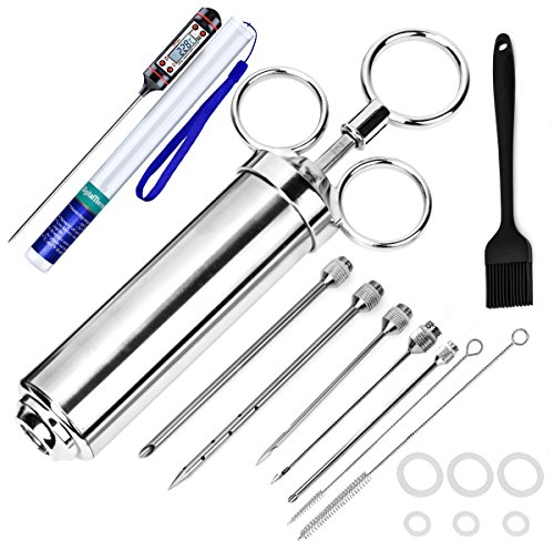 Witasm Siringa per Marinata in Acciaio Inox Siringa Arrosti Carne 60ml con 5 Aghi Diversi, Pennello da Cucina e Termometro