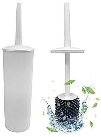 Toilet Brush with Drainage Holder Set,Flex Silicone Anti-Clog Anti-Drip Brush Head, White, 1-Pack