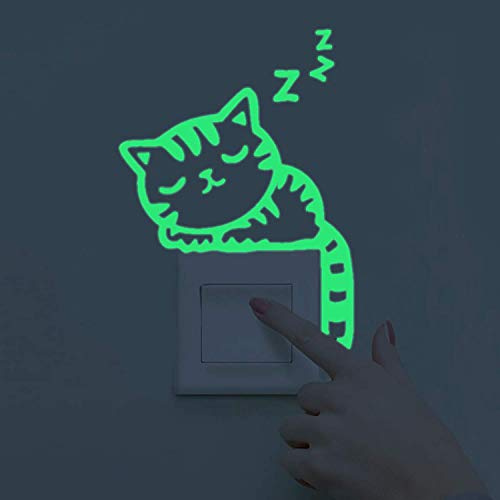 Pegatinas de pared BRILLAN EN LA OSCURIDAD. Vinilo decorativo para enchufe o interruptor de GATO DURMIENDO. Pegatinas animales FLUORESCENTES. Láminas luminosas