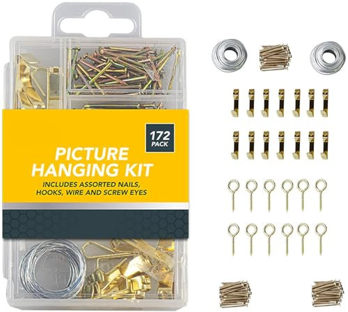 172pc Hanging Set - Quality Hooks, Wire and Nails Kit, Iron & Copper Nails, Copper Rings & Stamped Hook, Picture Hanging Wire